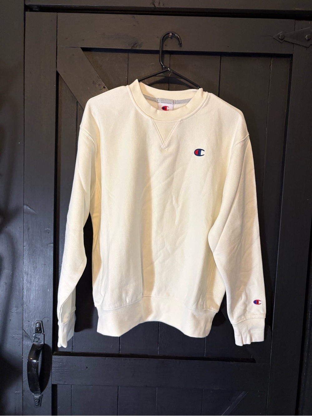 Champion Cream Crew Sweatshirt with Small Embroidered C Logos
